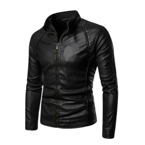 Men's Black Bikers Jacket High Collar Leather Moto Jacket